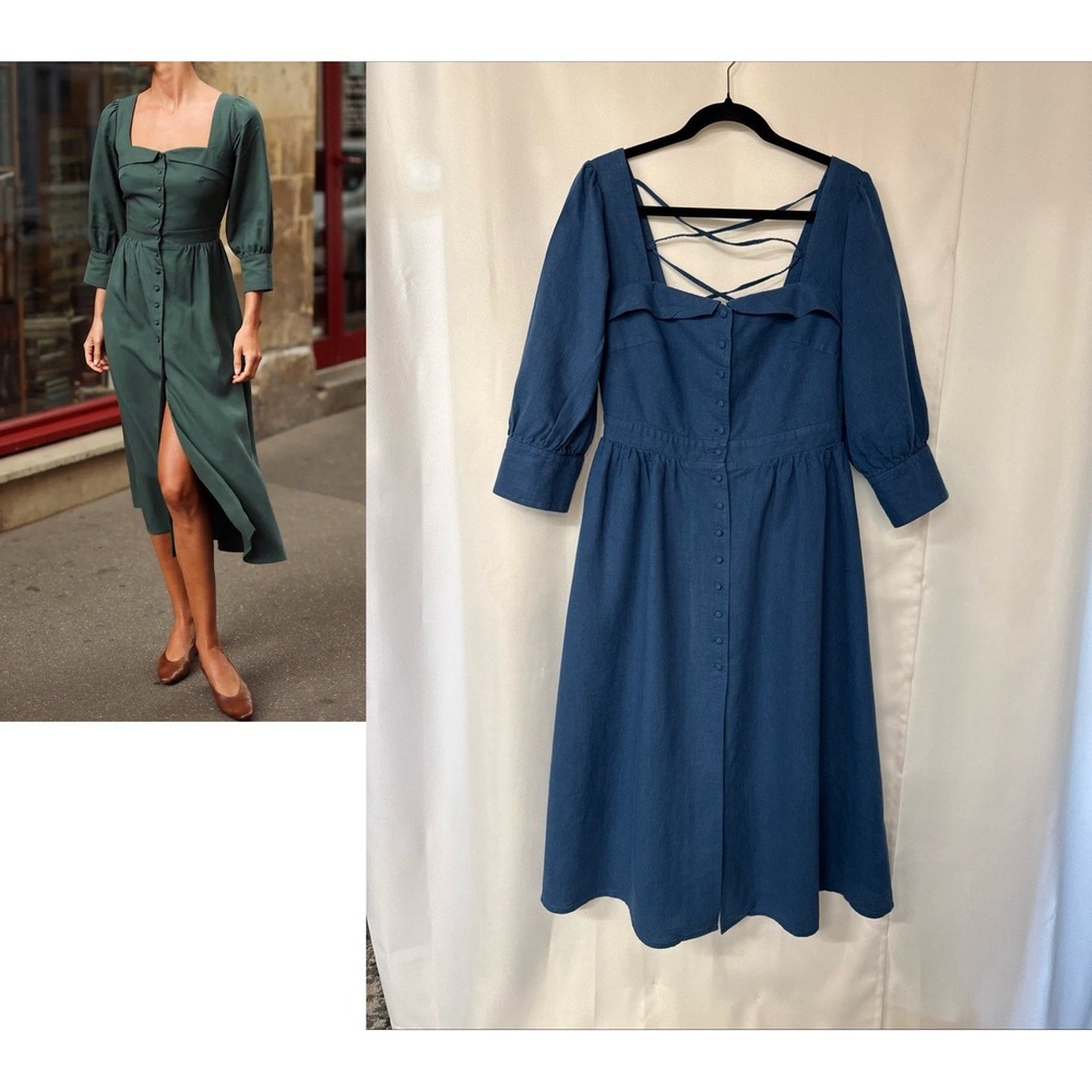 Gaala Paris Esther Midi Button Down Dress Sz‎ 42 Blue Linen Cotton Blend Pockets